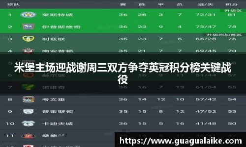 米堡主场迎战谢周三双方争夺英冠积分榜关键战役